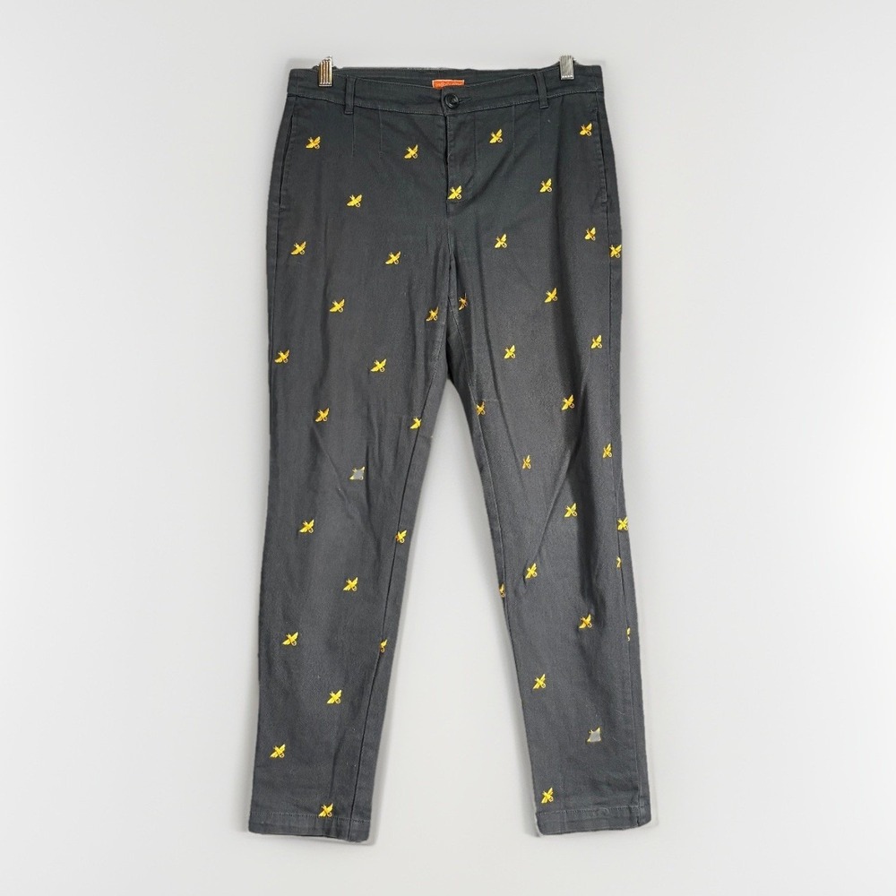 ModCloth Tapered Pants Womens Medium Gray Yellow Bee Embroidered Cotton Chino - Picture 1 of 13